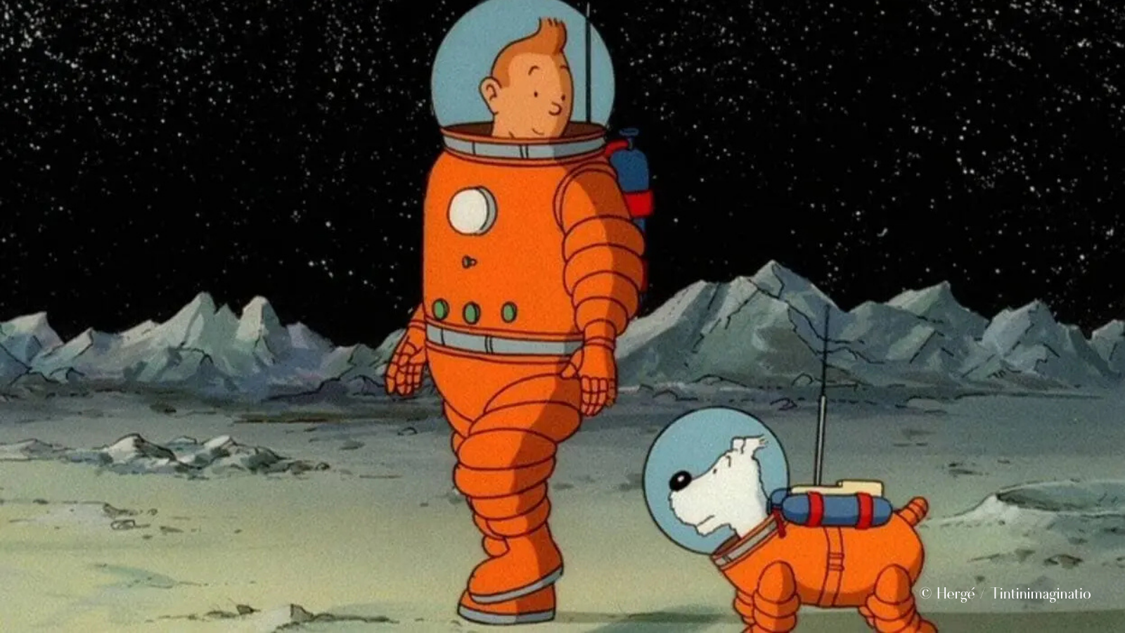 Tintin et Milou en combinaison spatiale marchant sur la Lune, illustration issue de l’univers d’Hergé utilisée à titre de citation dans un article sur le droit d’auteur